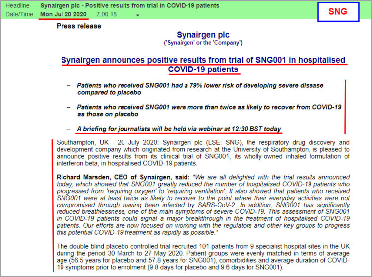 Synairgen News (20.07.2020)